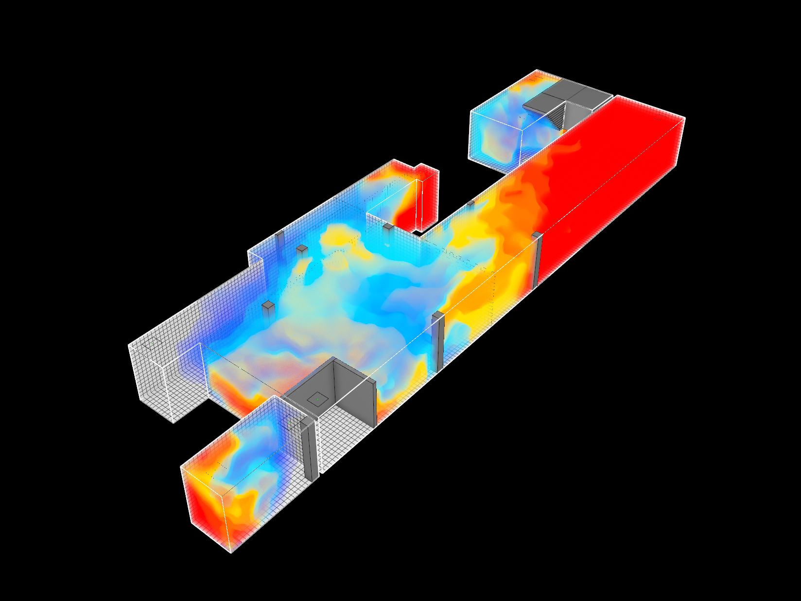 Single-Compartment Basement Smoke Clearance System. This project involved a comprehensive CFD assessment of a basement smoke‑clearance strategy, developed to verify that the proposed ventilation system achieved uniform and effective air change performance.